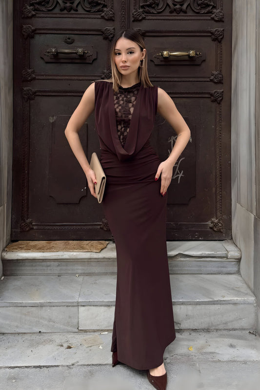 Long Cowl Neck Sandy Lace Detail Evening Dress - Brown