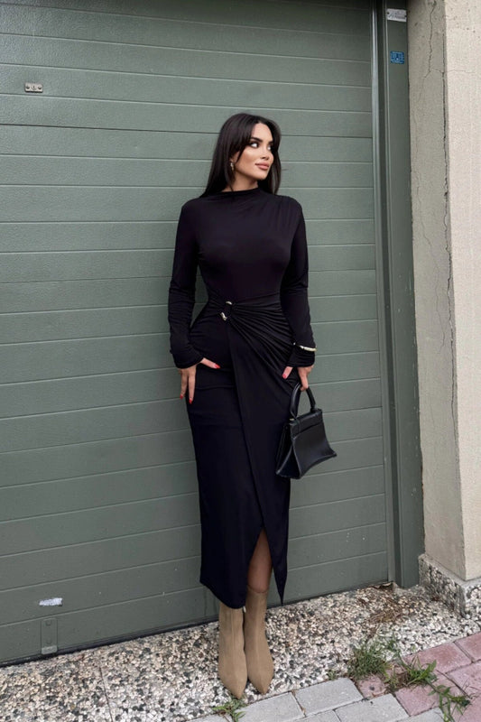 Long Crew-Neck Dress with Waist Accessory Detail - Black