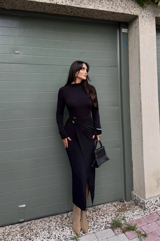 Long Crew-Neck Dress with Waist Accessory Detail - Black