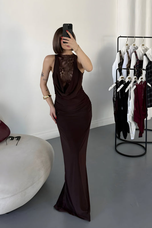 Long Deep Cowl Neck Lace Detail Evening Dress - Brown