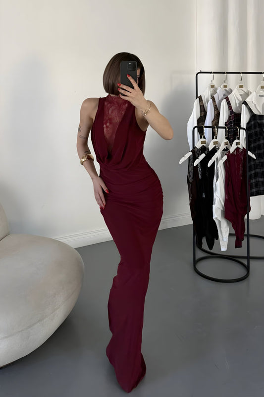 Long Deep Cowl Neck Lace Detail Evening Dress - Burgundy