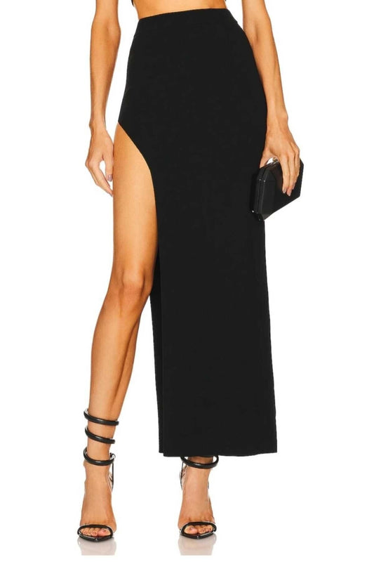 Long Double-Layered U-Slit Skirt - Black