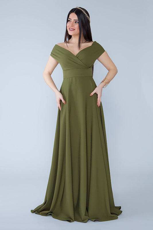 Long Draped Dropped Shoulder Boat Wrap Evening Dress - Khaki