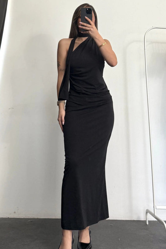 Long Draped Scarf Detail Dress - Black