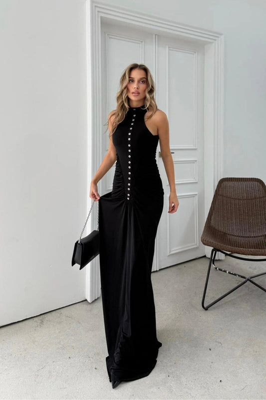 Long Draped-Side Button-Detail Dress - Black