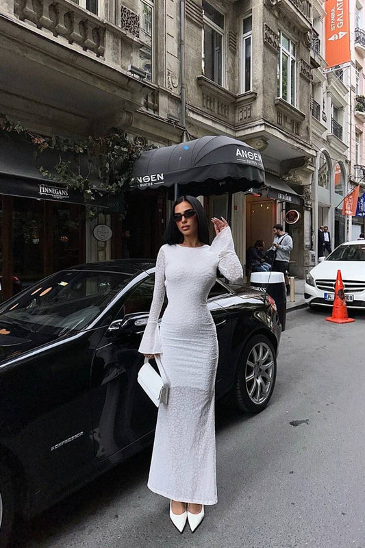 Long Embossed Design Backless Evening Dress - White