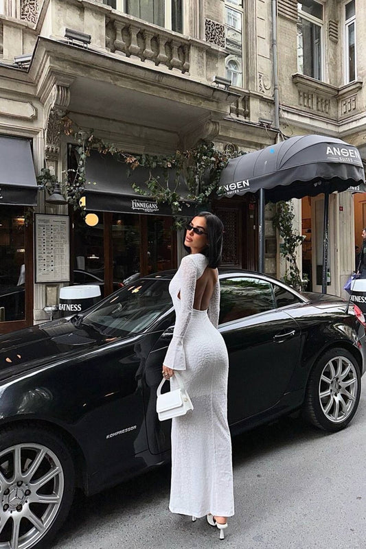 Long Embossed Design Backless Evening Dress - White