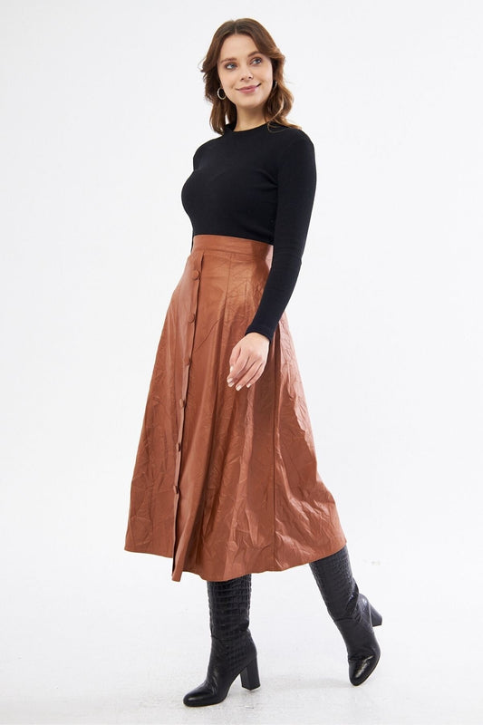 Long Faux Crash Leather Decorative Buttoned Skirt - Brown