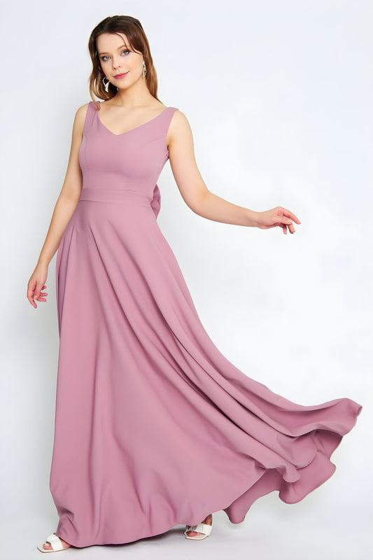 Long Flared Bow-Back Evening Dress - Dusty Rose