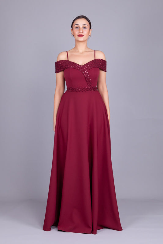 Long Flared Checked Sequin-Detail Evening Dress - Burgundy