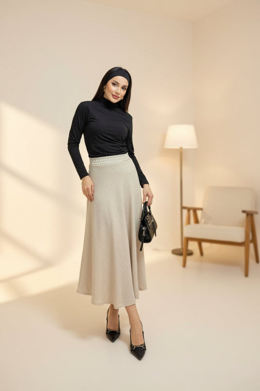 Long Flared Linen Skirt - Beige