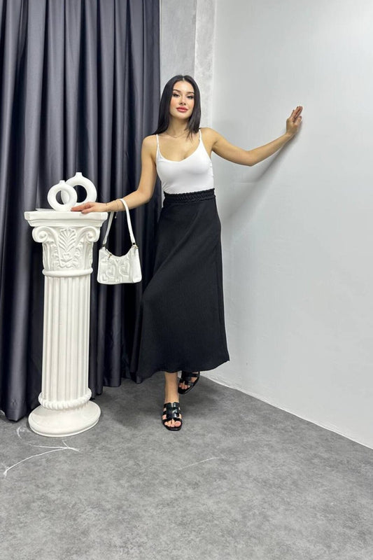 Long Flared Linen Skirt - Black