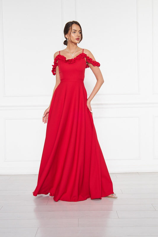 Long Flared Ruffle Detail Evening Dress with Adjustable Straps - Red