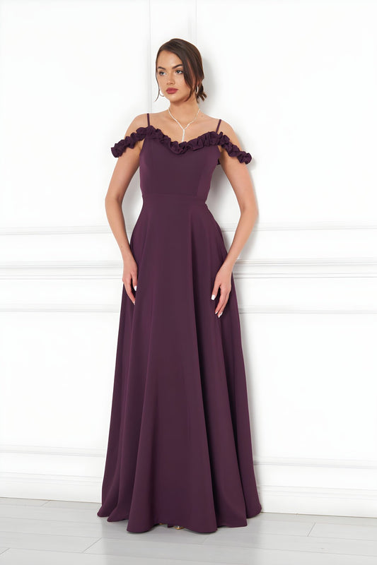 Long Flared Strapless Ruffle-Detail Adjustable-Strap Evening Dress - Plum