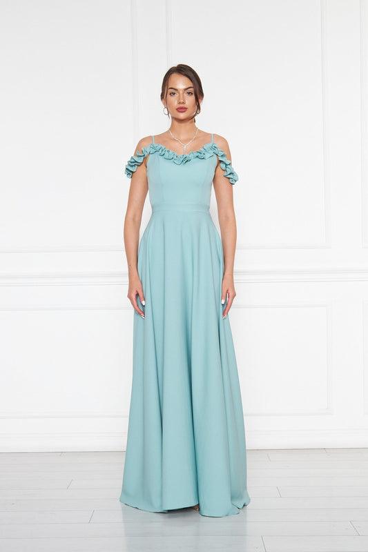 Long Flared Strapless Ruffle-Detail Evening Dress - Mint Green