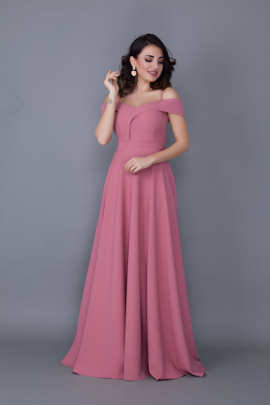 Long Flared Strappy Drop-Shoulder Evening Dress - Dusty Rose