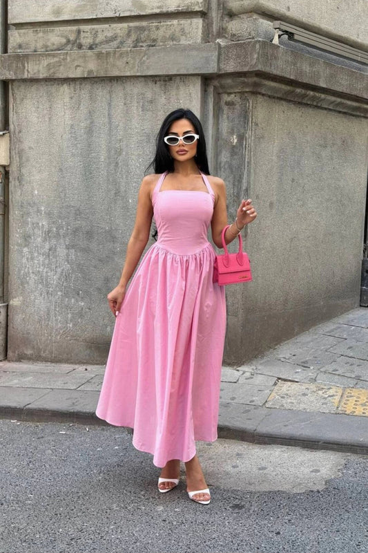 Long Flared Strappy Square Neck Dress - Pink