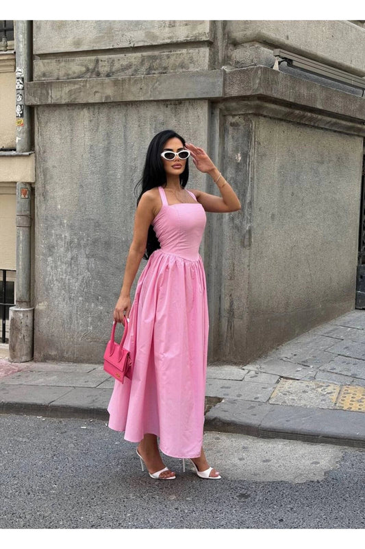 Long Flared Strappy Square Neck Dress - Pink