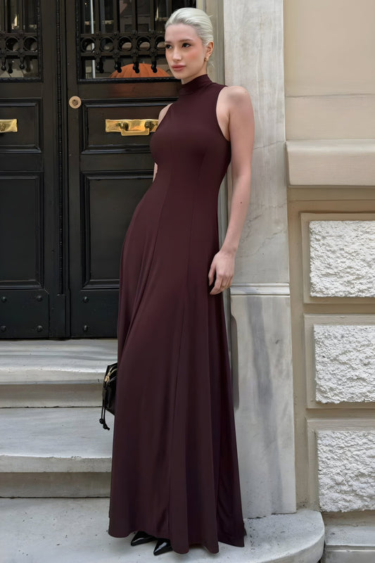 Long Flowy High Neck Dress - Brown