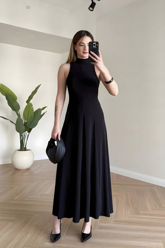 Long Flowy High-Neck Sleeveless Dress - Black