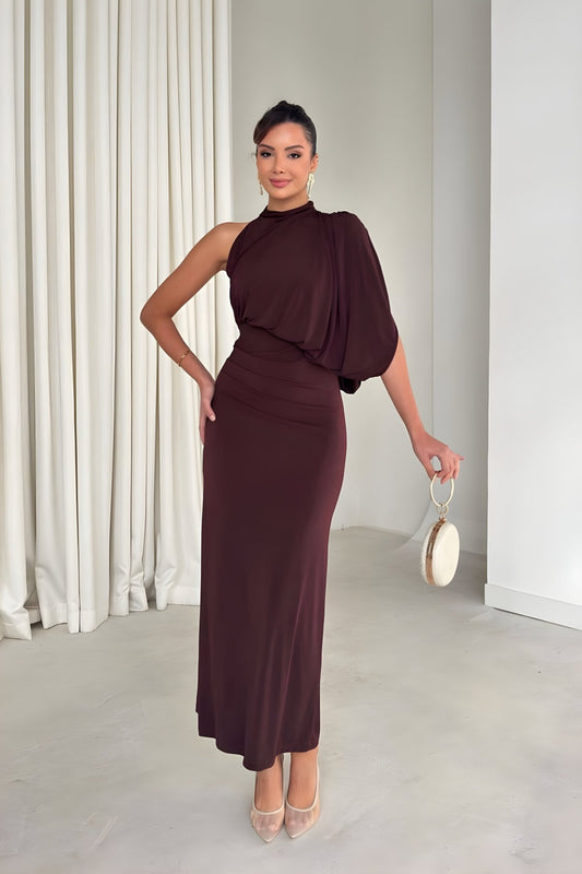 Long Flowy One-Shoulder Drape Detail Evening Dress - Brown