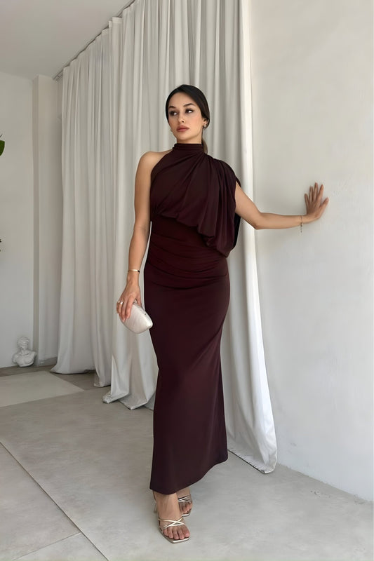 Long Flowy One-Shoulder Drape-Detail Evening Dress - Brown