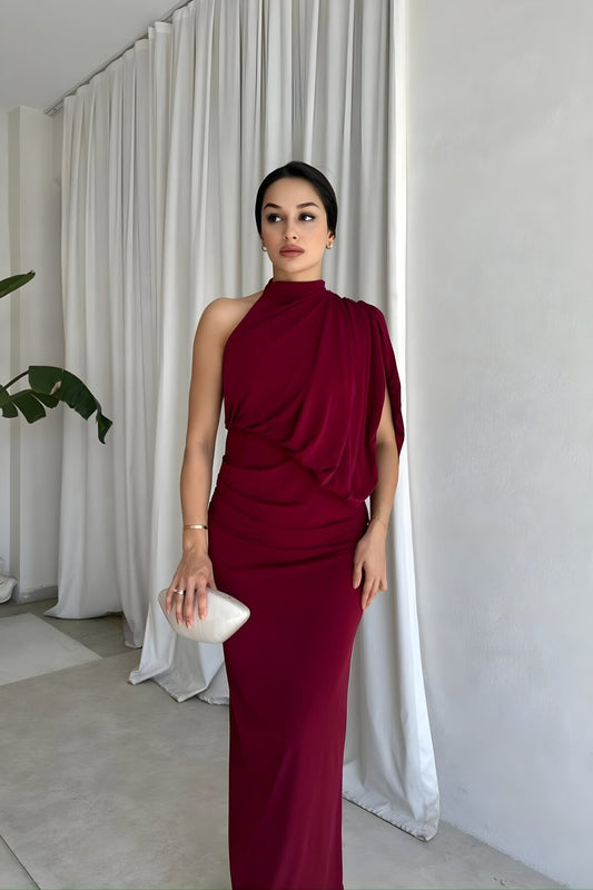 Long Flowy One-Shoulder Drape-Detail Evening Dress - Burgundy