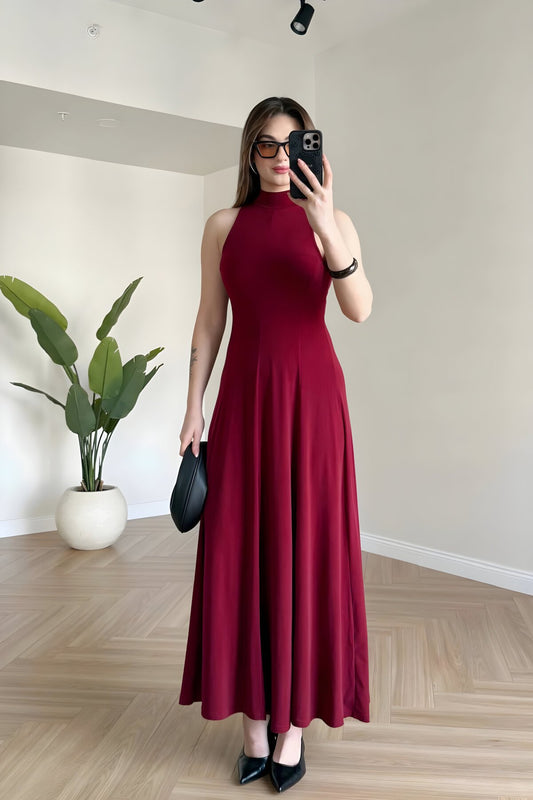 Long Flowy Sleeveless High Neck Dress - Burgundy