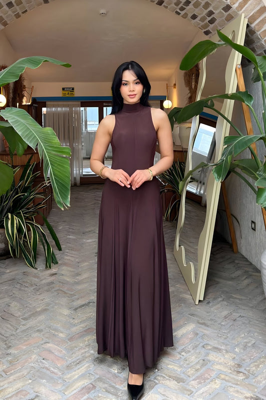 Long Flowy Turtleneck Evening Dress - Brown