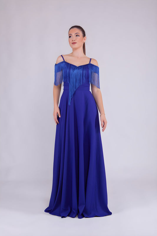 Long Fringed Evening Dress - Sax Blue