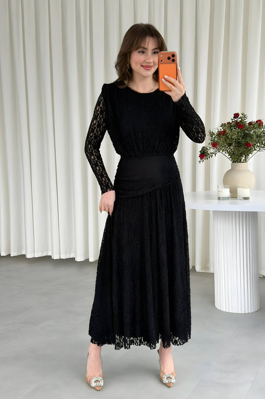 Long Guipure Lace Waist Detail Dress - Black