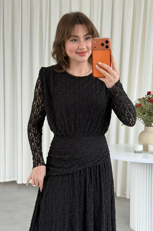 Long Guipure Lace Waist Detail Dress - Black