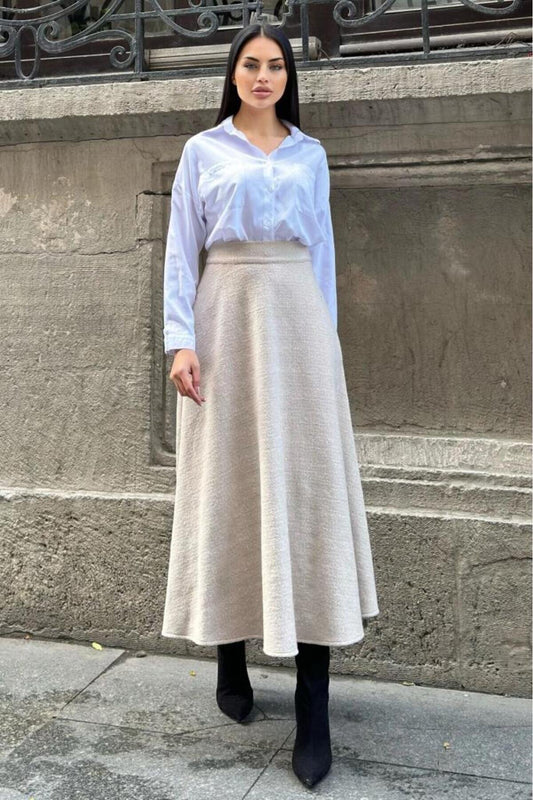 Long High-Waist Flared Flecked Melton Pocketed Skirt - Mink