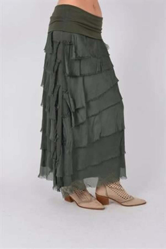 Long Italian Fit Slimming Layered Silk Strapless Skirt - Khaki