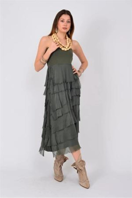 Long Italian Fit Slimming Layered Silk Strapless Skirt - Khaki
