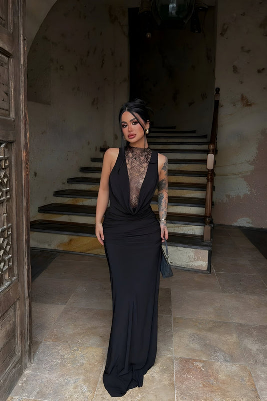 Long Lace Cowl Neck Evening Dress - Black