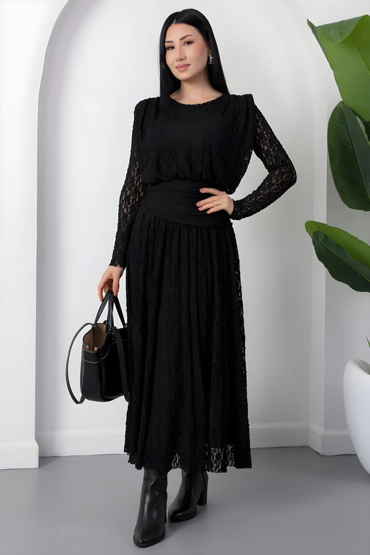 Long Lace Crew Neck Waist Detail Dress - Black