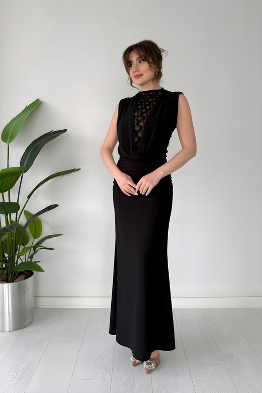 Long Lace Detail Deep Cowl Neck Evening Dress - Black