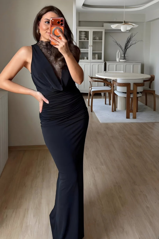 Long Lace Guipure Cut-out Evening Dress - Black