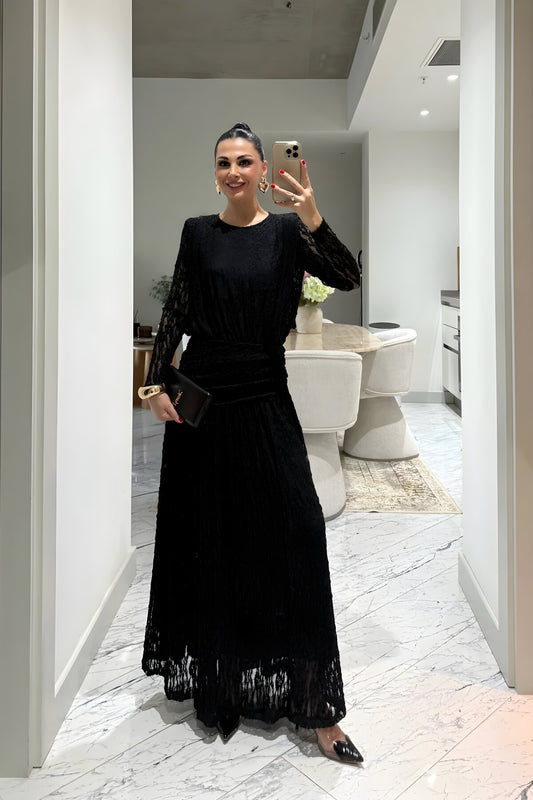 Long Lace Guipure Dress - Black