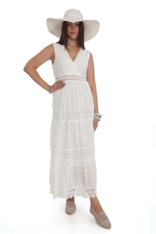 Long Lace Italian Filsto Detailed Dress - White
