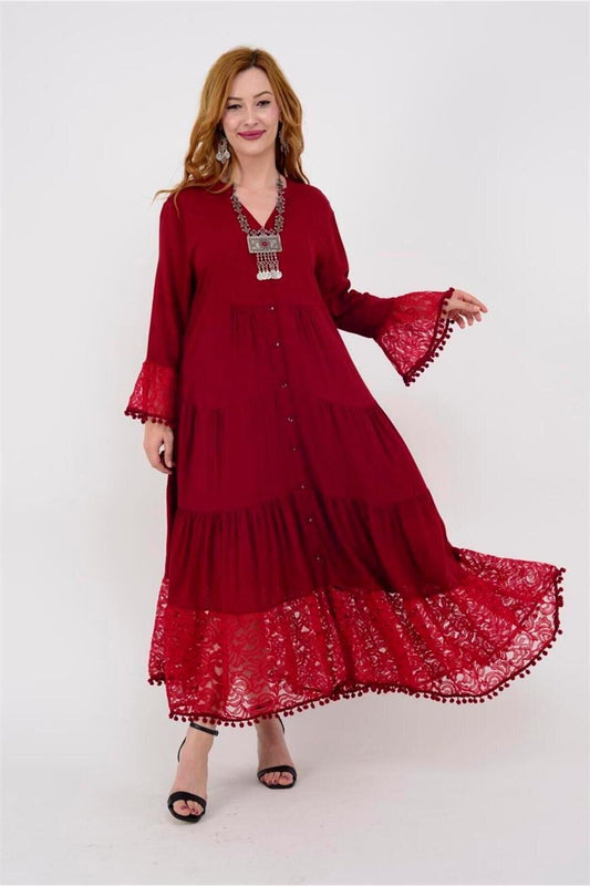Long Lace Pom-pom Detail Dress - Burgundy