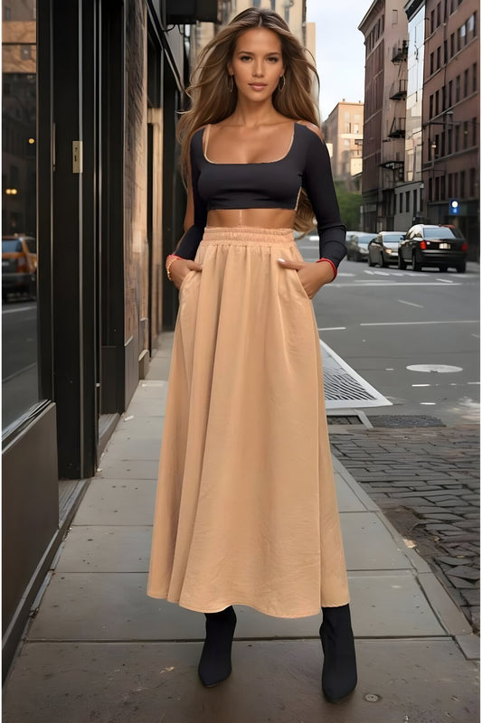 Long Loose A-Line High-Waist Cupro Skirt - Caramel