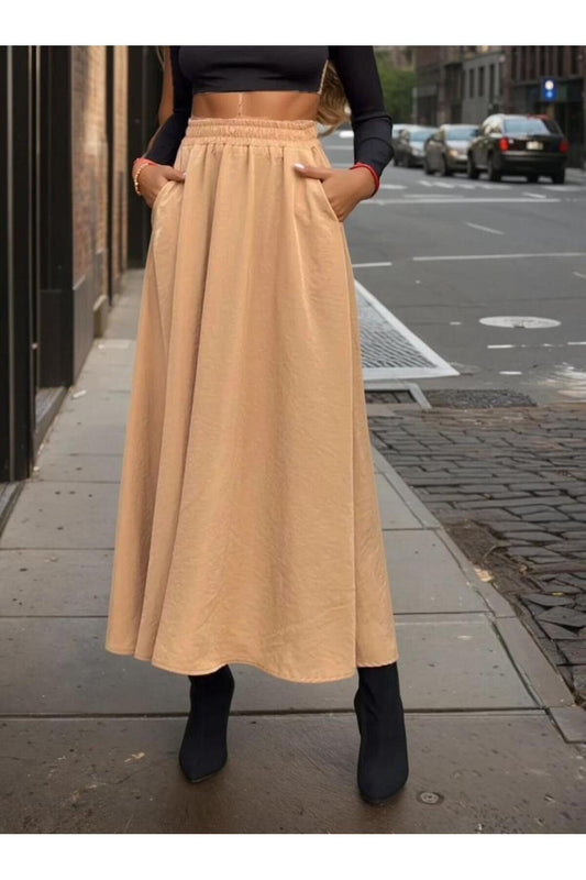 Long Loose A-Line High-Waist Cupro Skirt - Caramel