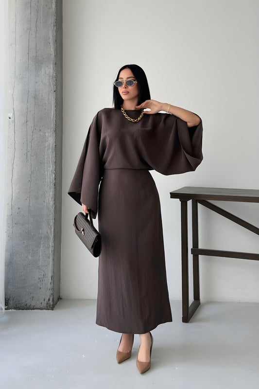 Long Loose Batwing Sleeve Dress - Brown