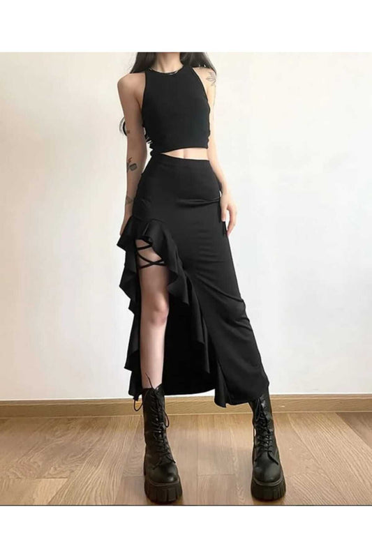 Long Maxi Mermaid Fit Gothic Ethnic Ruffled Flounced Slitted Skirt - Black