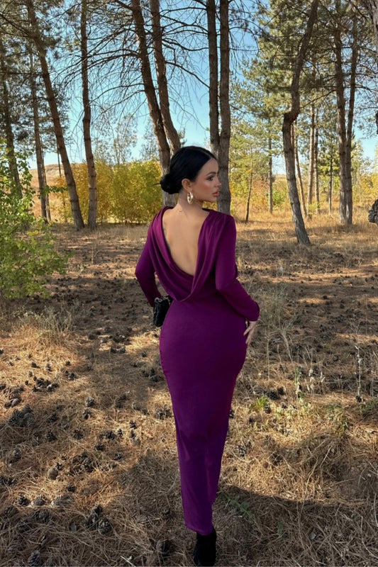 Long Mermaid Cowl Neck Sandy Open Back Slit Dress - Plum