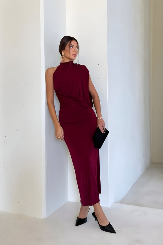 Long One-Shoulder Drape-Detail Evening Dress - Burgundy
