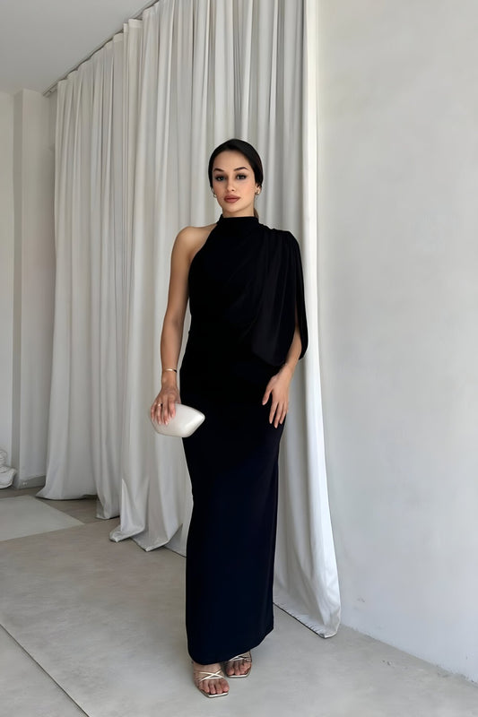 Long One-Shoulder Draped Evening Dress - Black