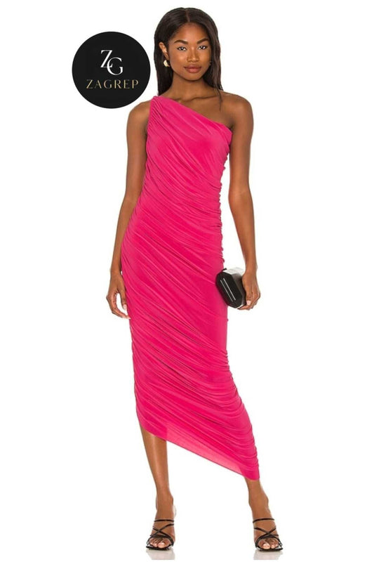 Long One-Shoulder Draped Ruched Lined Evening Dress - Pink